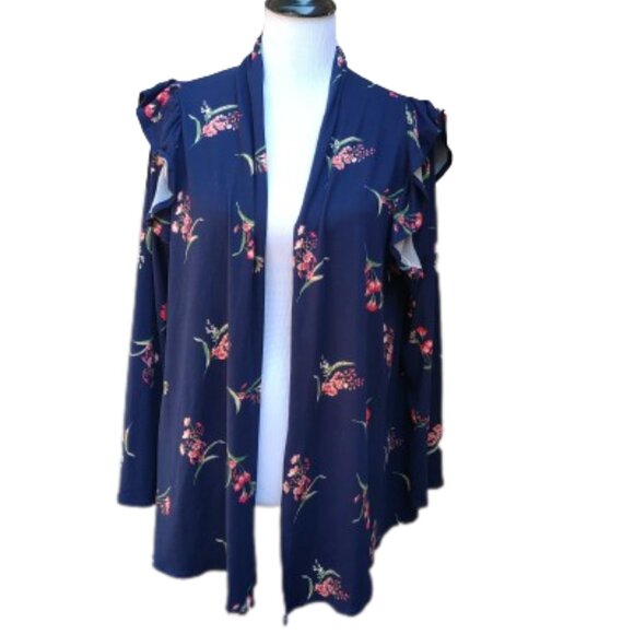 Isaac Liev Dark Blue Floral Print Cardigan Top Open-Front Long Sleeves Ruffle - Picture 1 of 11